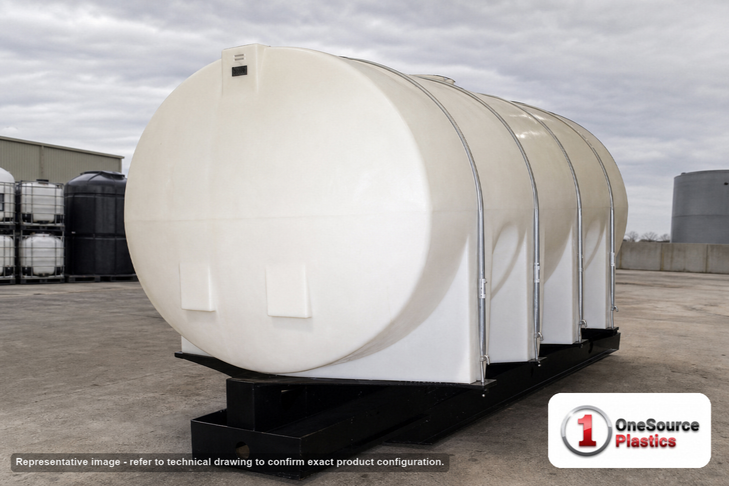 Snyder Industries 3400 Gallon Plastic Horizontal Leg Tank with Securing Hoops. Polyethylene; White; dimensions 88.0in H x 82.0in W x 155.0in L; 1500.0 lb empty; 1.5 specific gravity rating. Manufacturer part number SII-7520000C37. Sold by OneSource Plastics (https://www.onesourceplastics.com).