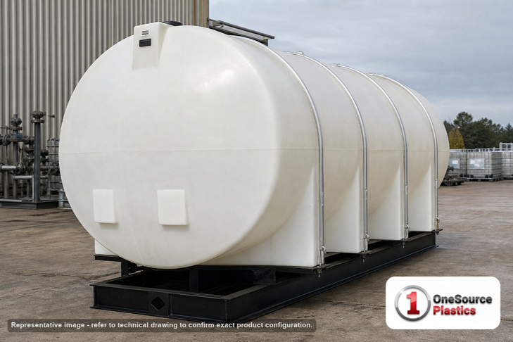 Snyder Industries 3400 Gallon Plastic Horizontal Leg Tank with Securing Hoops. Polyethylene; White; dimensions 88.0in H x 82.0in W x 155.0in L; 1500.0 lb empty; 1.5 specific gravity rating. Manufacturer part number SII-7520000N43. Sold by OneSource Plastics (https://www.onesourceplastics.com).