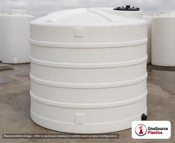 Snyder Industries 3500 Gallon HDPE Vertical Liquid Storage Tank in White. High Density Linear Polyethylene; White; dimensions 124.0in H x 96.0in W x 96.0in L; 550.0 lb empty; 1.9 specific gravity rating. Manufacturer part number SII-32292. Sold by OneSource Plastics (https://www.onesourceplastics.com).