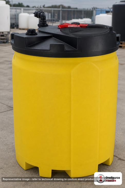 Snyder Industries 360 Gallon Plastic Vertical Double Wall Waste Oil Tank in Yellow. 360.0 gallon capacity; Polyethylene; Yellow; dimensions 63.0in H x 53.0in W x 53.0in L; 234.0 lb empty; 1.5 specific gravity rating; fittings: 1 Outlet , 1 Manway / Lid; max temp 120 deg  F / 48 deg  C; 3 Year Warranty. Manufacturer part number 5760102n95703. Manufactured by Snyder. Sold by OneSource Plastics (https://www.onesourceplastics.com).
