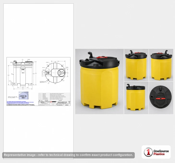Dimensional spec drawing for Snyder Industries 360 Gallon Waste Oil Tank (53" L x 53" W x 63" H)