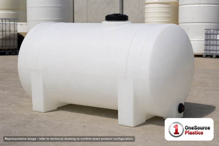 Snyder Industries 500 Gallon Plastic Horizontal Leg Tank in White. High Density Linear Polyethylene; White; dimensions 55.0in H x 49.0in W x 72.0in L; 160.0 lb empty; 1.9 specific gravity rating. Manufacturer part number SII-1400100C26. Sold by OneSource Plastics (https://www.onesourceplastics.com).