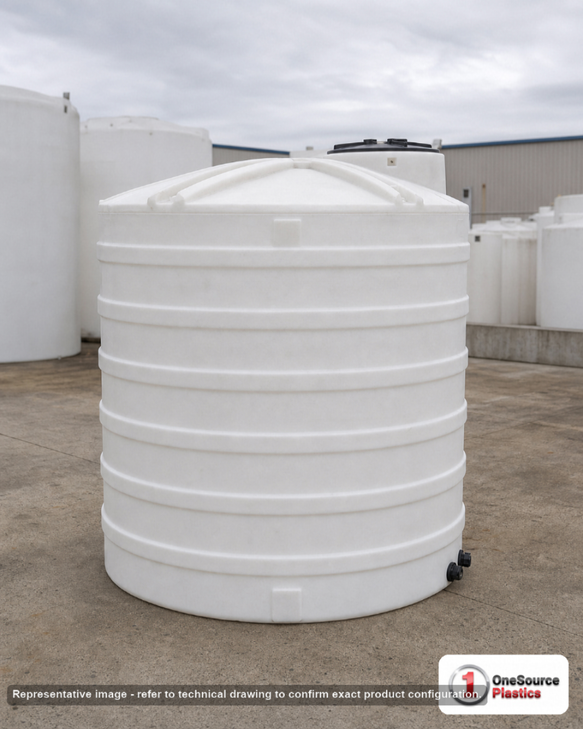 Snyder Industries 5100 Gallon Plastic Vertical Liquid Storage Tank in White. High Density Linear Polyethylene; White; dimensions 159.0in H x 102.0in W x 102.0in L; 1301.0 lb empty; 1.5 specific gravity rating. Manufacturer part number SII-32372. Sold by OneSource Plastics (https://www.onesourceplastics.com).