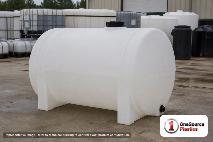 Snyder Industries 525 Gallon Plastic Horizontal Leg Tank in White. Polyethylene; White; dimensions 53.0in H x 48.0in W x 68.0in L; 128.0 lb empty; 1.5 specific gravity rating. Manufacturer part number SII-1400000W94303. Sold by OneSource Plastics (https://www.onesourceplastics.com).