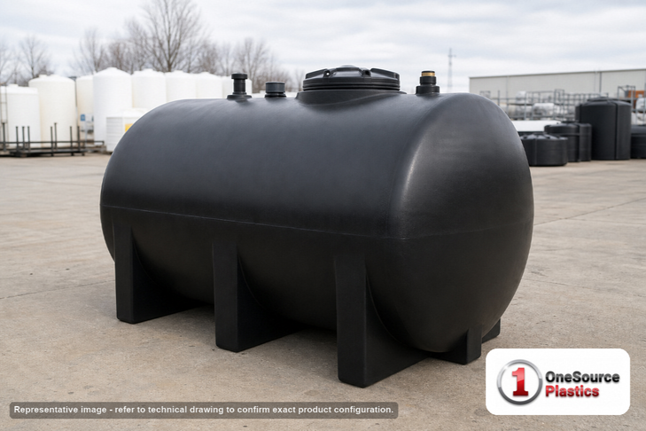 Snyder Industries 535 Gallon Plastic Horizontal Leg Tank in Black. Polyethylene; Black; 52" H x 47" W x 78" L.