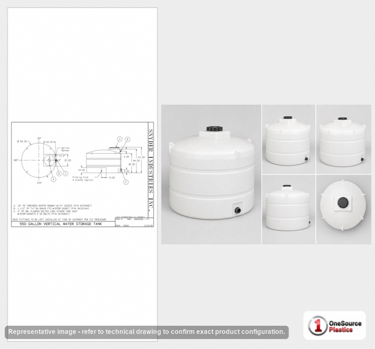 Dimensional spec drawing for Snyder Industries 550 Gallon Vertical Tank (64" L x 64" W x 46" H)