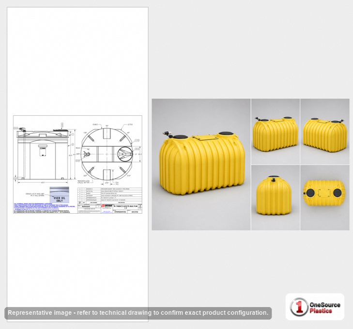 Dimensional spec drawing for Snyder Industries 750 Gallon Waste Oil Tank (73" L x 73" W x 66" H)