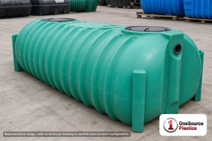 Norwesco Florida Only 1050 Gallon Two Compartment Low Profile Septic Tank - IAPMO Certified. 1050 gallon capacity; Polyethylene; Green; dimensions 51.0in H x 60.0in W x 127.0in L; 370.0 lb empty; fittings: 4"; max temp 130 deg  F / 54 deg  C; 5 Year Warranty. Manufacturer part number 43533. Manufactured by Norwesco. Sold by OneSource Plastics (https://www.onesourceplastics.com).