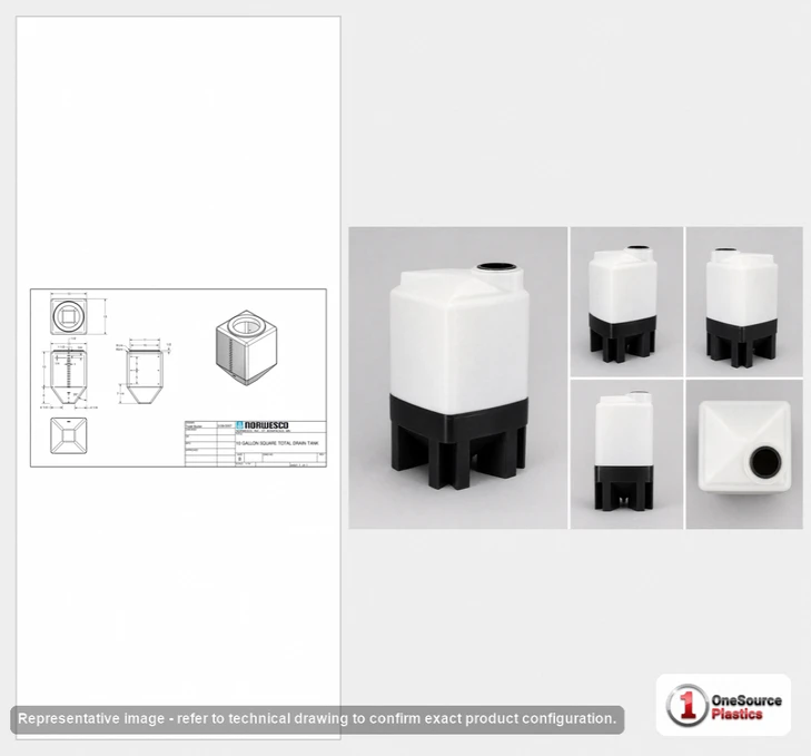 Dimensional spec drawing for Norwesco 10 Gallon Cone Bottom Tanks - Closed Top (13" L x 13" W x 21" H)
