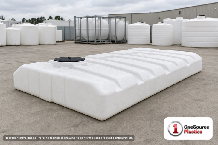 Norwesco 1000 Gallon Flat Bottom Utility Tank. 1000.0 gallon capacity; Polyethylene; White; dimensions 21.0in H x 90.0in W x 134.0in L; 250.0 lb empty; 1.5 specific gravity rating; fittings: 1 Manway / Lid; max temp 130 deg  F / 54 deg  C; 3 Year Warranty. Manufacturer part number 45735. Manufactured by Norwesco. Sold by OneSource Plastics (https://www.onesourceplastics.com).