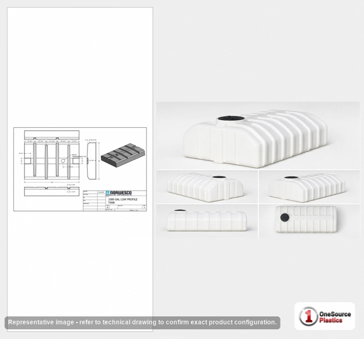 Dimensional spec drawing for Norwesco 1000 Gallon Flat Bottom Utility Tank (134" L x 90" W x 21" H)