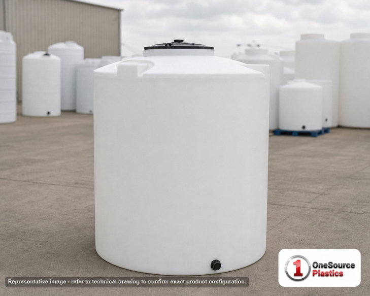 Snyder Industries 1000 Gallon HDPE Vertical Liquid Storage Tank with ASTM Certification. Polyethylene; White; dimensions 89.0in H x 60.0in W x 60.0in L; 260.0 lb empty; 1.5 specific gravity rating. Manufacturer part number SII-1831000N43. Sold by OneSource Plastics (https://www.onesourceplastics.com).