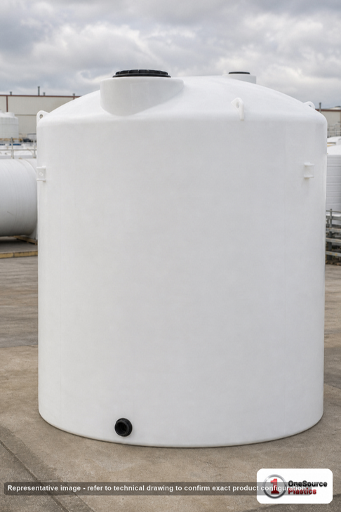 Norwesco 10000 Gallon HDPE Vertical Liquid Storage Tank in White. High Density Linear Polyethylene; White; dimensions 160.0in H x 141.0in W x 141.0in L; 2147.0 lb empty; 1.9 specific gravity rating. Manufacturer part number N-44095. Sold by OneSource Plastics (https://www.onesourceplastics.com).