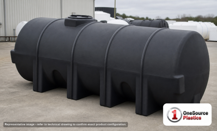 Norwesco 1025 Gallon Horizontal Leg Tank in Black Without Fittings. Polyethylene; Black; dimensions 54.0in H x 49.0in W x 139.0in L; 309.0 lb empty; 1.5 specific gravity rating. Manufacturer part number N-40789. Sold by OneSource Plastics (https://www.onesourceplastics.com).