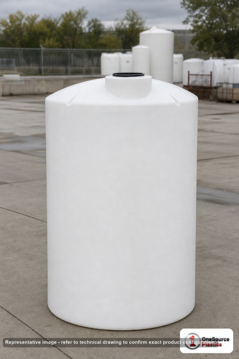 Norwesco 1050 Gallon Vertical Liquid Storage Tank without Fittings. Polyethylene; White; dimensions 134.0in H x 48.0in W x 48.0in L; 219.0 lb empty; 1.5 specific gravity rating. Manufacturer part number N-44819. Sold by OneSource Plastics (https://www.onesourceplastics.com).