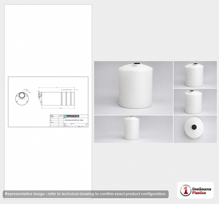 Dimensional spec drawing for Norwesco 1050 Gallon Vertical Tank (48" L x 48" W x 134" H)