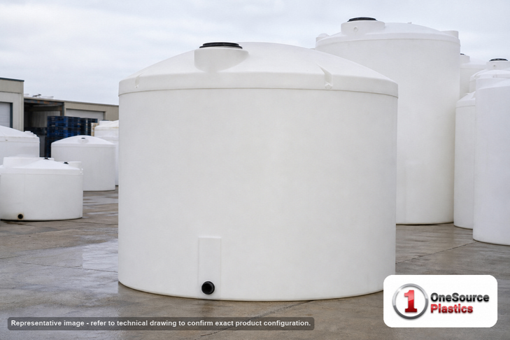 Snyder Industries 10500 Gallon HDPE Vertical Chemical Storage Tank in White 1.9 SG. High Density Linear Polyethylene; White; dimensions 169.0in H x 142.0in W x 142.0in L; 4000.0 lb empty; 1.9 specific gravity rating. Manufacturer part number SII-5330000N30. Sold by OneSource Plastics (https://www.onesourceplastics.com).