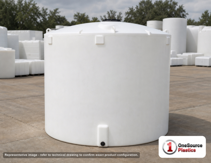 Snyder Industries 10500 Gallon HDPE Vertical Chemical Storage Tank in White 1.9 SG- Phillippi. High Density Linear Polyethylene; White; dimensions 169.0in H x 142.0in W x 142.0in L; 4000.0 lb empty; 1.9 specific gravity rating. Manufacturer part number SII-5330100N45. Sold by OneSource Plastics (https://www.onesourceplastics.com).