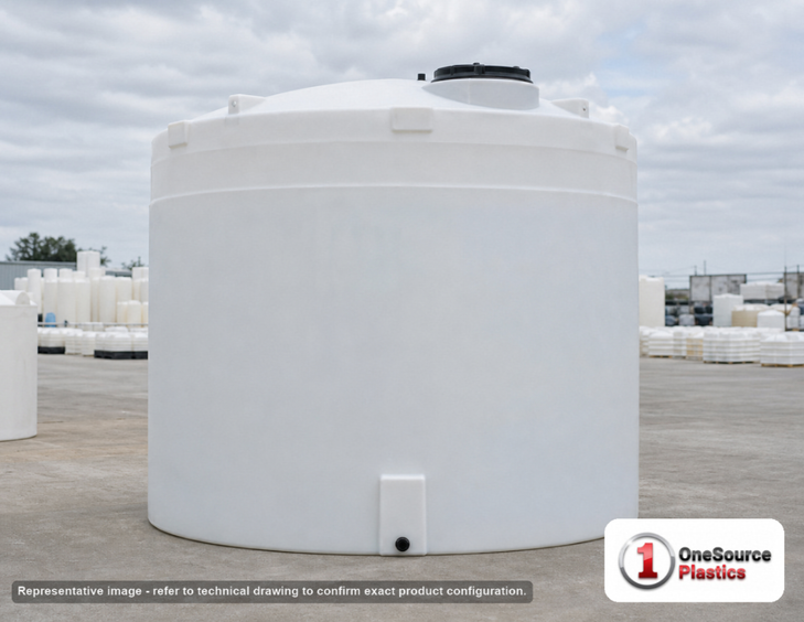 Snyder Industries 10500 Gallon HDPE Vertical Liquid Storage Tank with ASTM Certification. Polyethylene; White; dimensions 169.0in H x 142.0in W x 142.0in L; 2500.0 lb empty; 1.5 specific gravity rating. Manufacturer part number SII-5330000N43. Sold by OneSource Plastics (https://www.onesourceplastics.com).