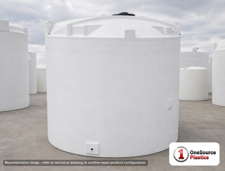 Snyder Industries 10500 Gallon HDPE Vertical Liquid Storage Tank with ASTM Certification. Polyethylene; White; dimensions 179.0in H x 143.0in W x 143.0in L; 2600.0 lb empty; 1.5 specific gravity rating. Manufacturer part number SII-5330300N43. Sold by OneSource Plastics (https://www.onesourceplastics.com).