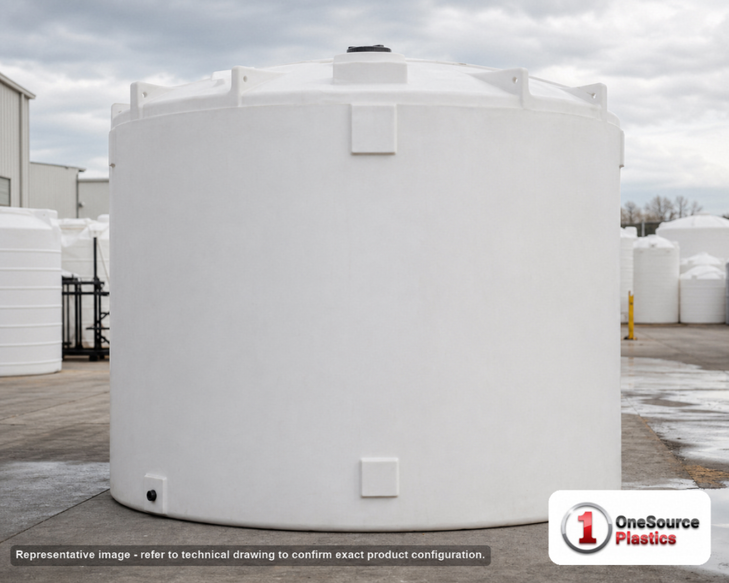 Snyder Industries 10500 Gallon HDPE Vertical Liquid Storage Tank with ASTM Certification. Polyethylene; White; dimensions 179.0in H x 143.0in W x 143.0in L; 3000.0 lb empty; 1.9 specific gravity rating. Manufacturer part number SII-5330300N45. Sold by OneSource Plastics (https://www.onesourceplastics.com).