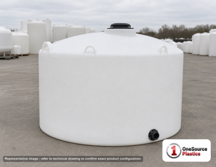 Snyder Industries 1100 Gallon Plastic Vertical Water Storage Tank in White. Polyethylene; White; dimensions 53.0in H x 86.0in W x 86.0in L; 187.0 lb empty; 1.0 specific gravity rating. Manufacturer part number SII-WV42. Sold by OneSource Plastics (https://www.onesourceplastics.com).