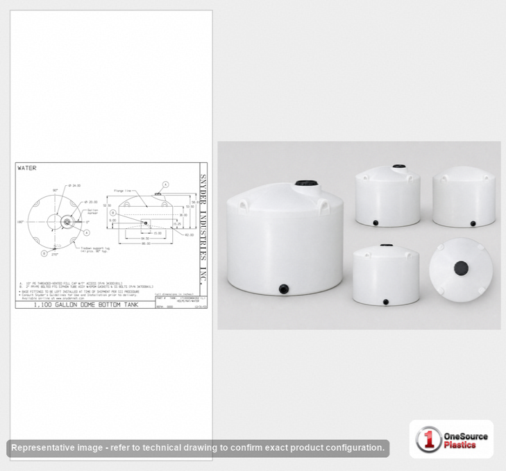 Dimensional spec drawing for Snyder Industries 1100 Gallon Vertical Tank (86" L x 86" W x 53" H)