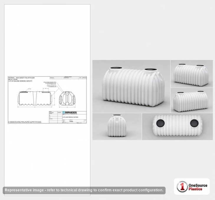 Dimensional spec drawing for Norwesco 1175 Gallon Underground Holding Tank (127" L x 60" W x 51" H)