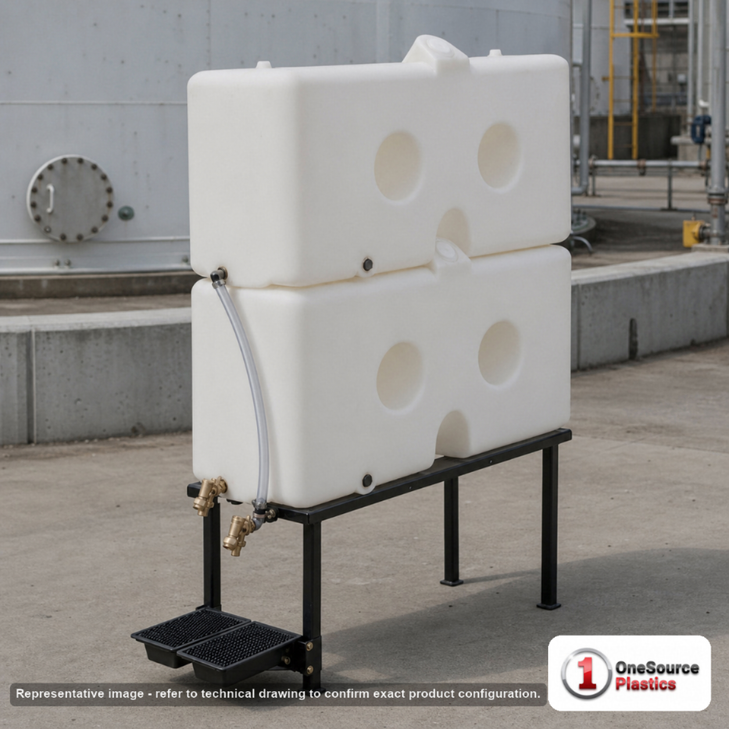 Snyder Industries 120 Gallon XLPE Chemical Feed Station Tank. Cross-Linked Polyethylene; White; dimensions 67.0in H x 43.0in W x 56.0in L; 166.0 lb empty; 1.9 specific gravity rating. Manufacturer part number SII-5700104CFWS42. Sold by OneSource Plastics (https://www.onesourceplastics.com).
