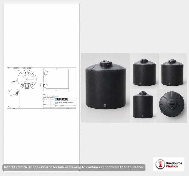 Dimensional spec drawing for Norwesco 12000 Gallon Vertical Tank (141" L x 141" W x 193" H)