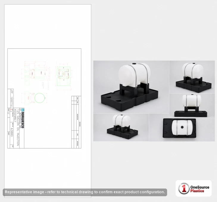 Dimensional spec drawing for Norwesco 125 Gallon Specialty Tank (44" L x 32" W x 36" H)