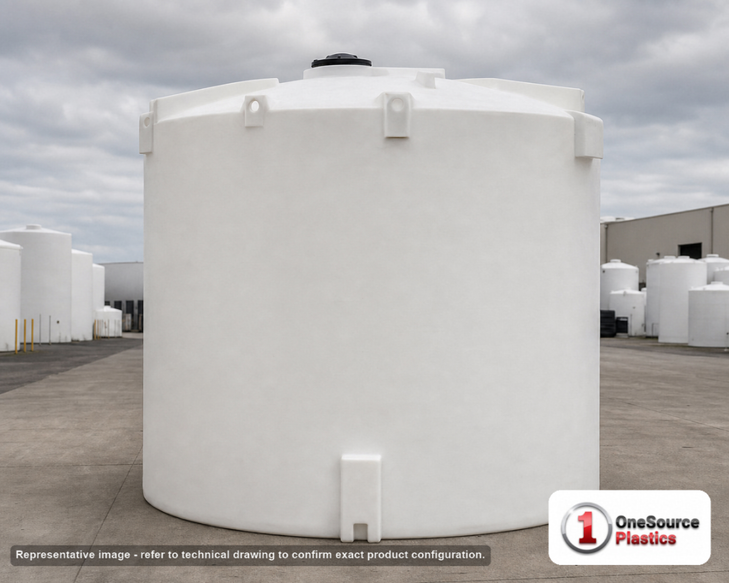 Snyder Industries 12500 Gallon HDPE Vertical Liquid Storage Tank with ASTM Certification. 12500.0 gallon capacity; Polyethylene; White; dimensions 198.0in H x 142.0in W x 142.0in L; 3100.0 lb empty; 1.5 specific gravity rating; fittings: 1 Manway / Lid; max temp 120 deg  F / 48 deg  C; 3 Year Warranty. Manufacturer part number 5350000n43. Manufactured by Snyder. Sold by OneSource Plastics (https://www.onesourceplastics.com).