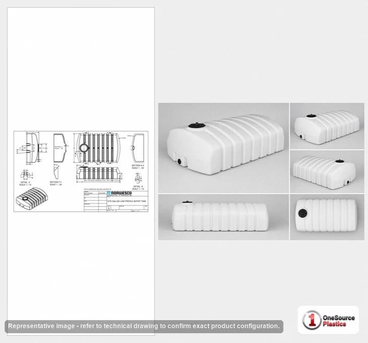 Dimensional spec drawing for Norwesco 1275 Gallon (126" L x 84" W x 36" H)