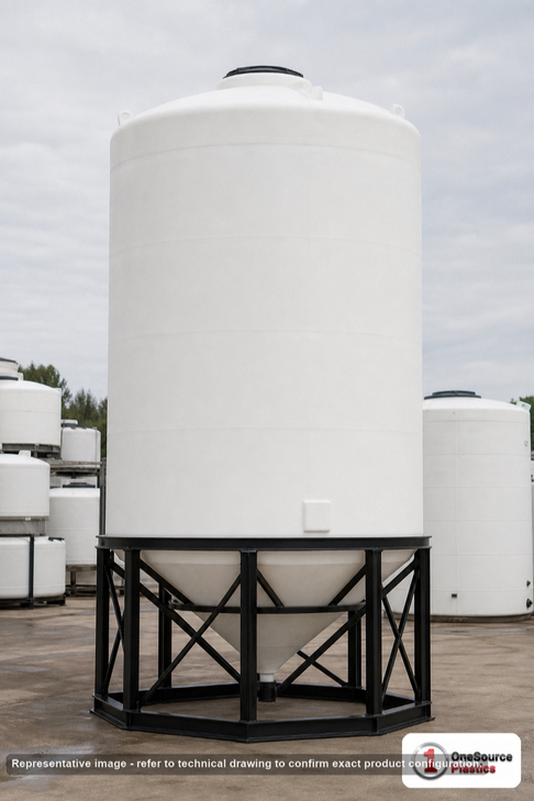 Snyder Industries 13000 Gallon 30 Degree Plastic Cone Bottom Tank in White. 13000 gallon capacity; High Density Linear Polyethylene; White; dimensions 238.0in H x 142.0in W x 142.0in L; 3660.0 lb empty; 1.9 specific gravity rating; 30-degree cone bottom; fittings: 1 Manway / Lid; max temp 100 deg  F / 37 deg  C; 3 Year Warranty. Manufacturer part number 7490100n43. Manufactured by Snyder. Sold by OneSource Plastics (https://www.onesourceplastics.