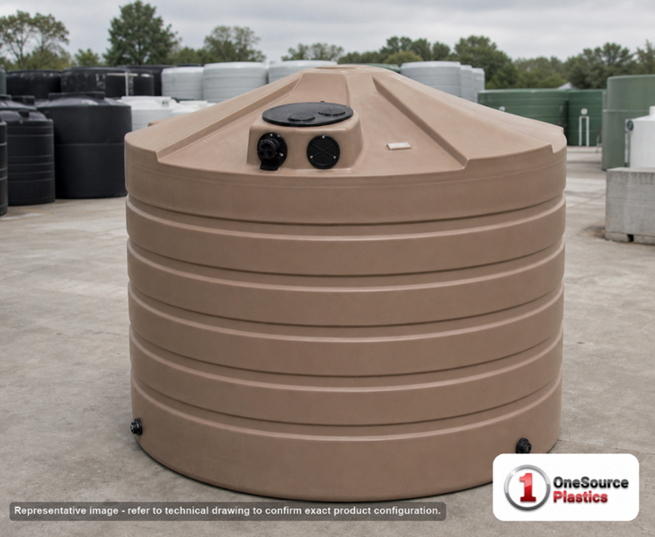 Bushman 1320 Gallon Mocha Rainwater Collection Storage Tank. 1320 gallon capacity; Polyethylene; Mocha; dimensions 72.0in H x 82.0in W x 82.0in L; 286.0 lb empty; 1.0 specific gravity rating; fittings: 1 Manway / Lid, 3 Outlets, 1 Inlet; max temp 120 deg  F / 48 deg  C; 3 Year Warranty. Manufacturer part number 45461. Manufactured by Norwesco. Sold by OneSource Plastics (https://www.onesourceplastics.com).