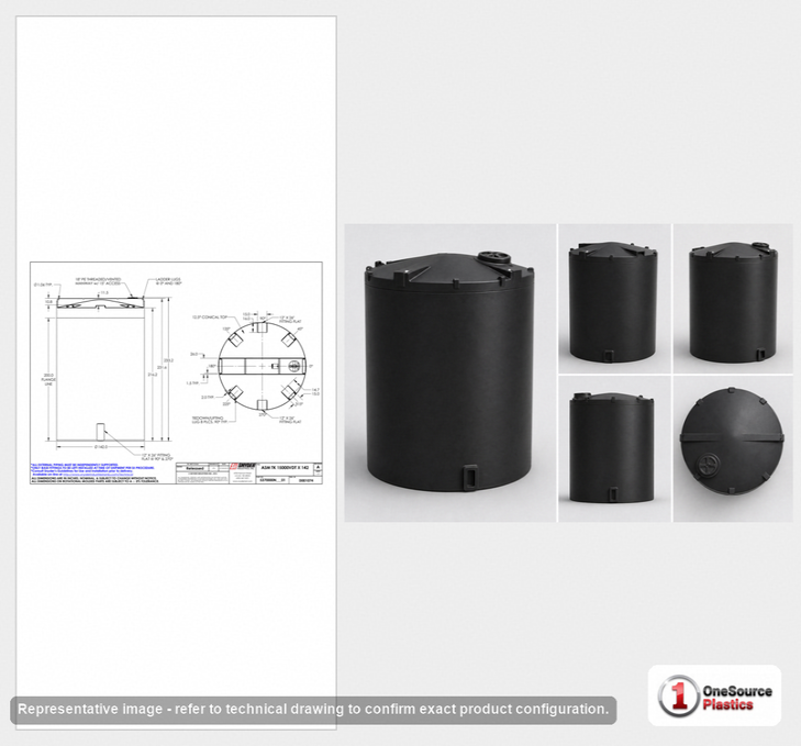 Dimensional spec drawing for Snyder Industries 15000 Gallon Vertical Storage Tank (142" L x 142" W x 234" H)