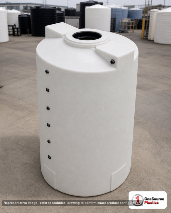 Snyder Industries 150 Gallon HDPE Vertical Liquid Storage Tank with ASTM Certification. 150.0 gallon capacity; Polyethylene; White; dimensions 59.0in H x 30.0in W x 30.0in L; 55.0 lb empty; 1.9 specific gravity rating; fittings: 1 Manway / Lid; max temp 120 deg  F / 48 deg  C; 3 Year Warranty. Manufacturer part number 1012800n45. Sold by OneSource Plastics (https://www.onesourceplastics.com).