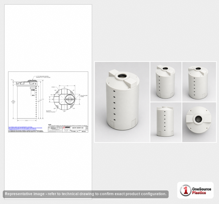 Dimensional spec drawing for Snyder Industries 150 Gallon Vertical Storage Tank (34" L x 34" W x 61" H)