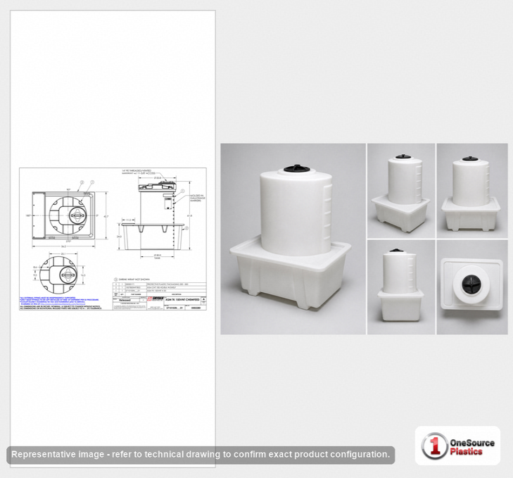 Dimensional spec drawing for Snyder Industries 150 Gallon Specialty Tank (56" L x 43" W x 62" H)