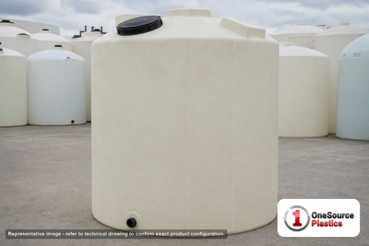 Chem-Tainer 1500 Gallon HDPE Vertical Liquid Storage Tank. 1500.0 gallon capacity; Polyethylene; Natural White; dimensions 127.0in H x 64.0in W x 64.0in L; 340.0 lb empty; 1.9 specific gravity rating; fittings: 1 Outlet , 1 Manway / Lid; max temp 120 deg  F / 48 deg  C; 3 Year Warranty. Manufacturer part number TC1500IA. Sold by OneSource Plastics (https://www.onesourceplastics.com).
