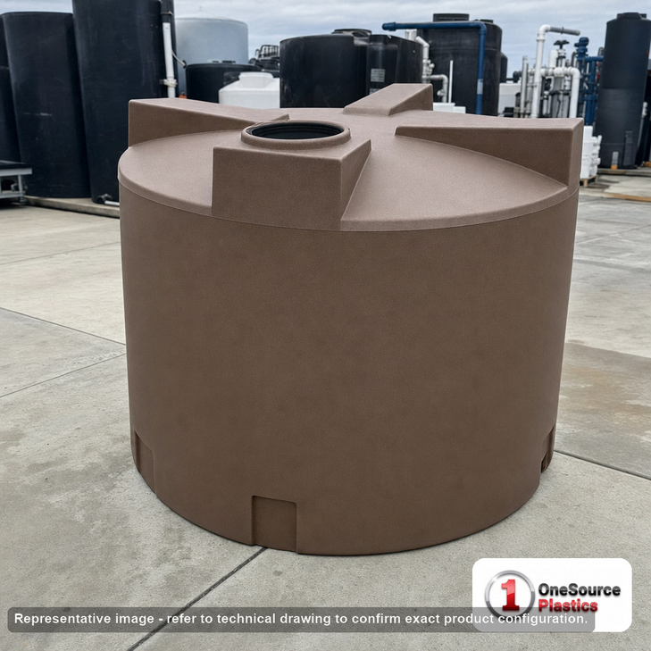 Bushman 1500 Gallon Mocha Vertical Water Storage Tank. 1500 gallon capacity; Polyethylene; Mocha; dimensions 63.0in H x 94.0in W x 94.0in L; 210.0 lb empty; 1.0 specific gravity rating; fittings: 1 Inlet , 1 Outlet , 1 Manway / Lid; max temp 120 deg  F / 48 deg  C; 3 Year Warranty. Manufacturer part number 30778. Manufactured by Bushman. Sold by OneSource Plastics (https://www.onesourceplastics.com).