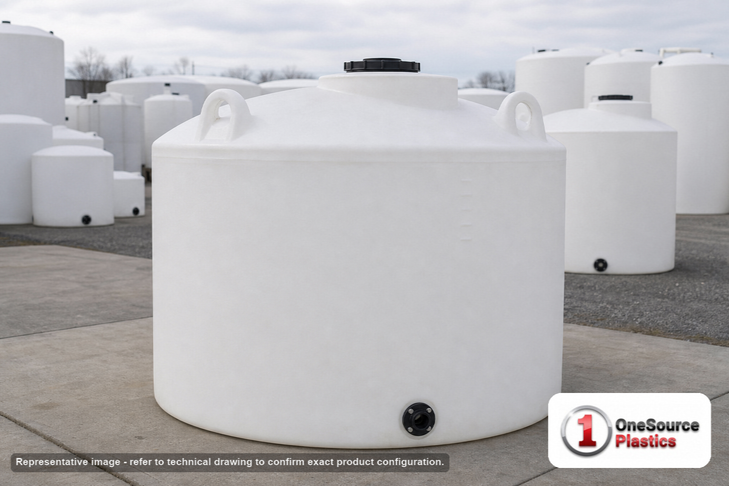 Snyder Industries 1500 Gallon Plastic Vertical Water Storage Tank in White. Polyethylene; White; dimensions 70.0in H x 86.0in W x 86.0in L; 242.0 lb empty; 1.0 specific gravity rating. Manufacturer part number SII-WV45. Sold by OneSource Plastics (https://www.onesourceplastics.com).