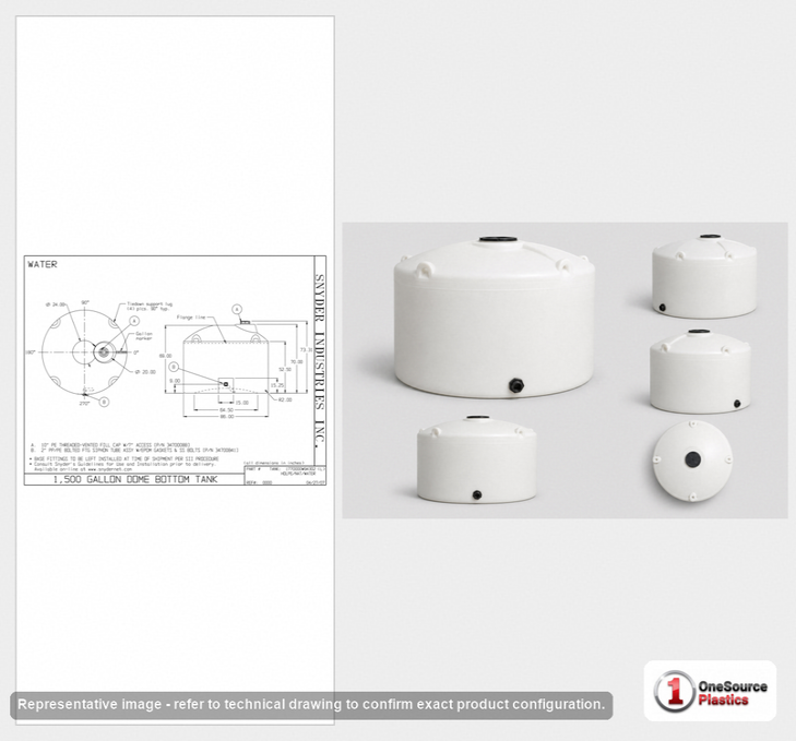 Dimensional spec drawing for Snyder Industries 1500 Gallon Vertical Tank (86" L x 86" W x 70" H)