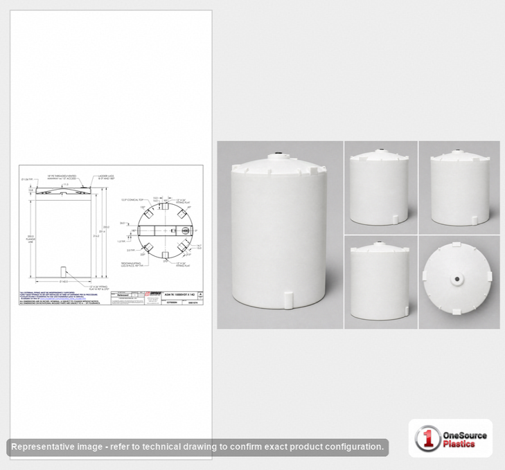 Dimensional spec drawing for Snyder Industries 15000 Gallon Vertical Storage Tank (142" L x 142" W x 234" H)