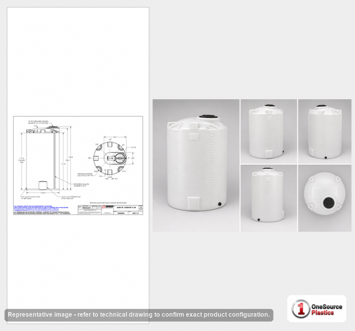 Dimensional spec drawing for Snyder Industries 1550 Gallon Vertical Storage Tank (64" L x 64" W x 123.8" H)