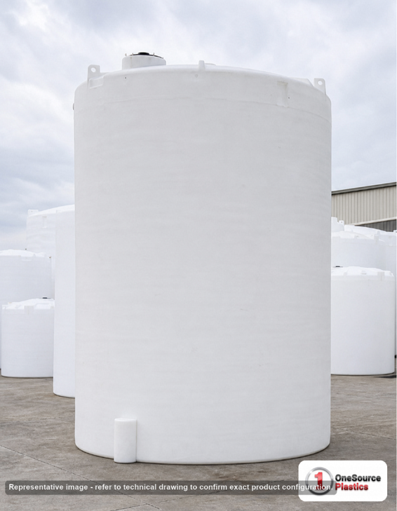 Snyder Industries 16500 Gallon HDPE Vertical Liquid Storage Tank with ASTM Certification. Polyethylene; White; dimensions 257.0in H x 142.0in W x 142.0in L; 5100.0 lb empty; 1.5 specific gravity rating. Manufacturer part number SII-5380000N43. Sold by OneSource Plastics (https://www.onesourceplastics.com).