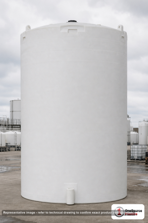 Snyder Industries 16500 Gallon Plastic Vertical Liquid Storage Tank. High Density Linear Polyethylene; White; dimensions 257.0in H x 142.0in W x 142.0in L; 5100.0 lb empty; 1.5 specific gravity rating. Manufacturer part number SII-5380000C37. Sold by OneSource Plastics (https://www.onesourceplastics.com).