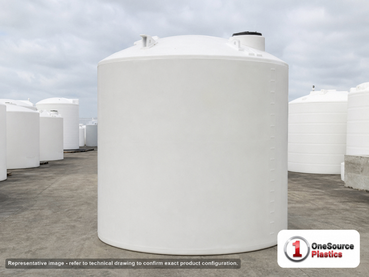 Snyder Industries 18800 Gallon HDPE Vertical Liquid Storage Tank with ASTM Certification. Polyethylene; White; dimensions 242.0in H x 165.0in W x 165.0in L; 5500.0 lb empty; 1.9 specific gravity rating. Manufacturer part number SII-3030000N45. Sold by OneSource Plastics (https://www.onesourceplastics.com).