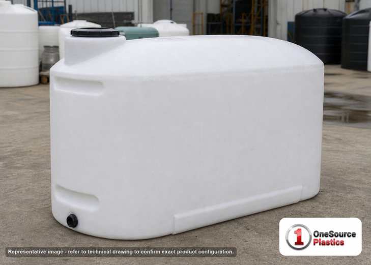 Norwesco 200 Gallon Plastic Horizontal Cradle Tank. Polyethylene; White; dimensions 48.0in H x 24.0in W x 61.0in L; 82.0 lb empty; 1.5 specific gravity rating. Manufacturer part number N-41305. Sold by OneSource Plastics (https://www.onesourceplastics.com).