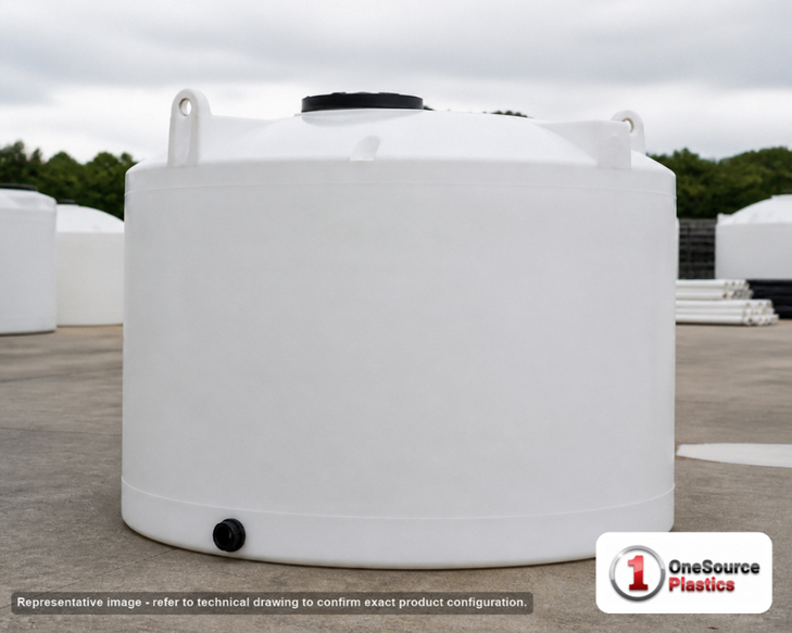 Snyder Industries 2000 Gallon HDPE Vertical Liquid Storage Tank with ASTM Certification. Polyethylene; White; dimensions 88.0in H x 90.0in W x 90.0in L; 340.0 lb empty; 1.5 specific gravity rating. Manufacturer part number SII-5050000N43. Sold by OneSource Plastics (https://www.onesourceplastics.com).